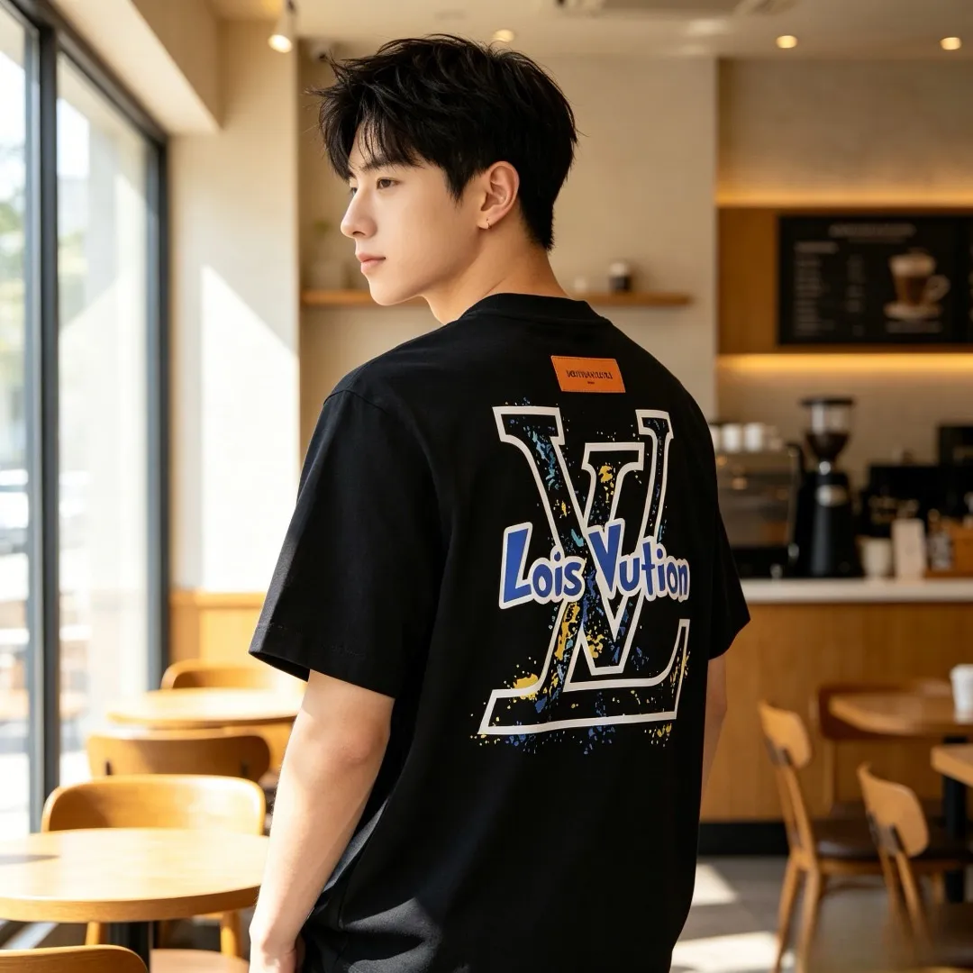 Louis Vuitton/Louis Vuitton blue and white graffiti logo printed short-sleeved front and back